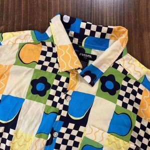 RSQ Button Up Shirt Mens Large Multicolor Geometric Patchwork Rayon Short Sleeve